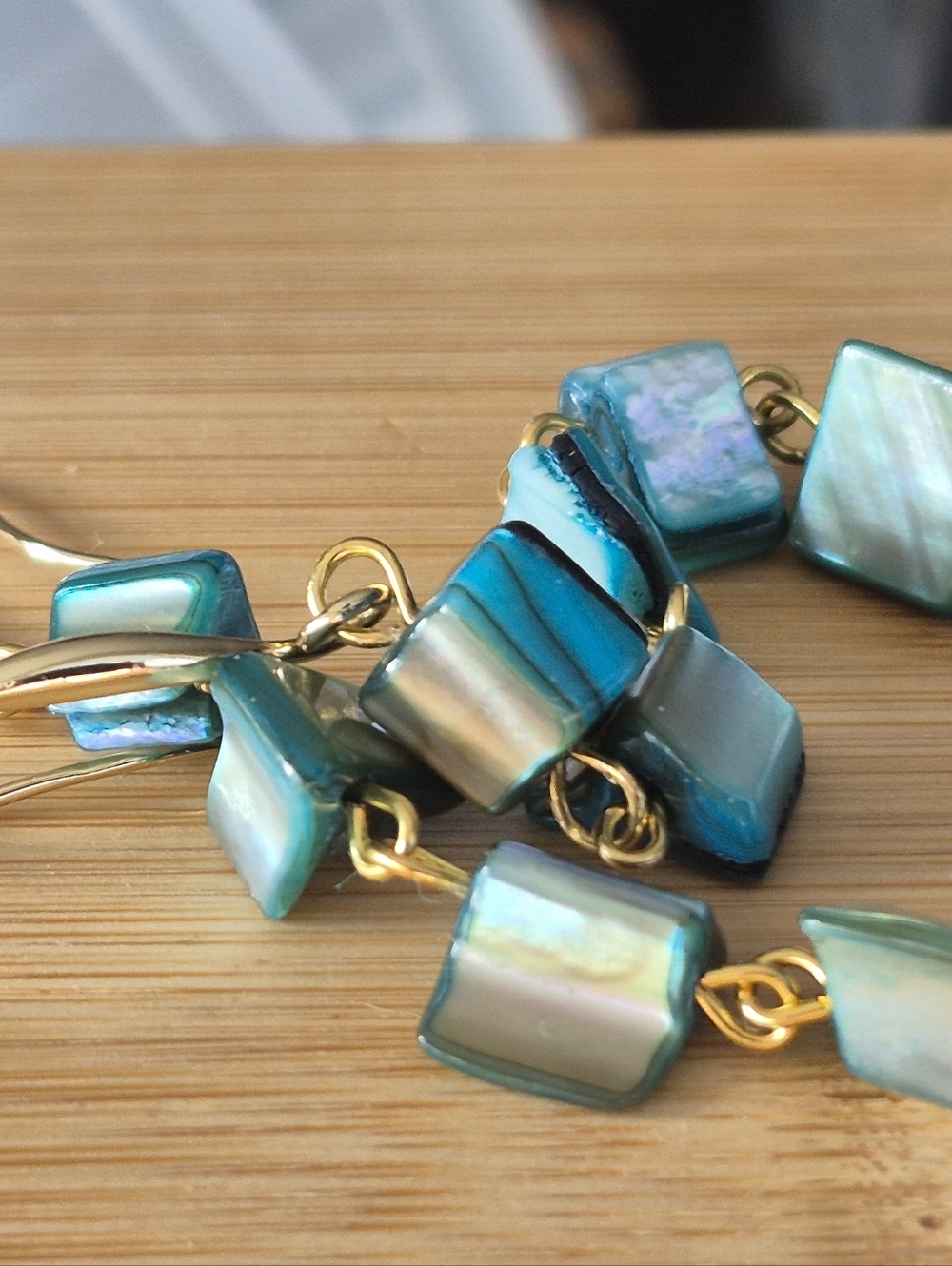 18k Gold Plated Turquoise Abalone Mother Of Pearl Drop Earrings - Picture 4 of 11